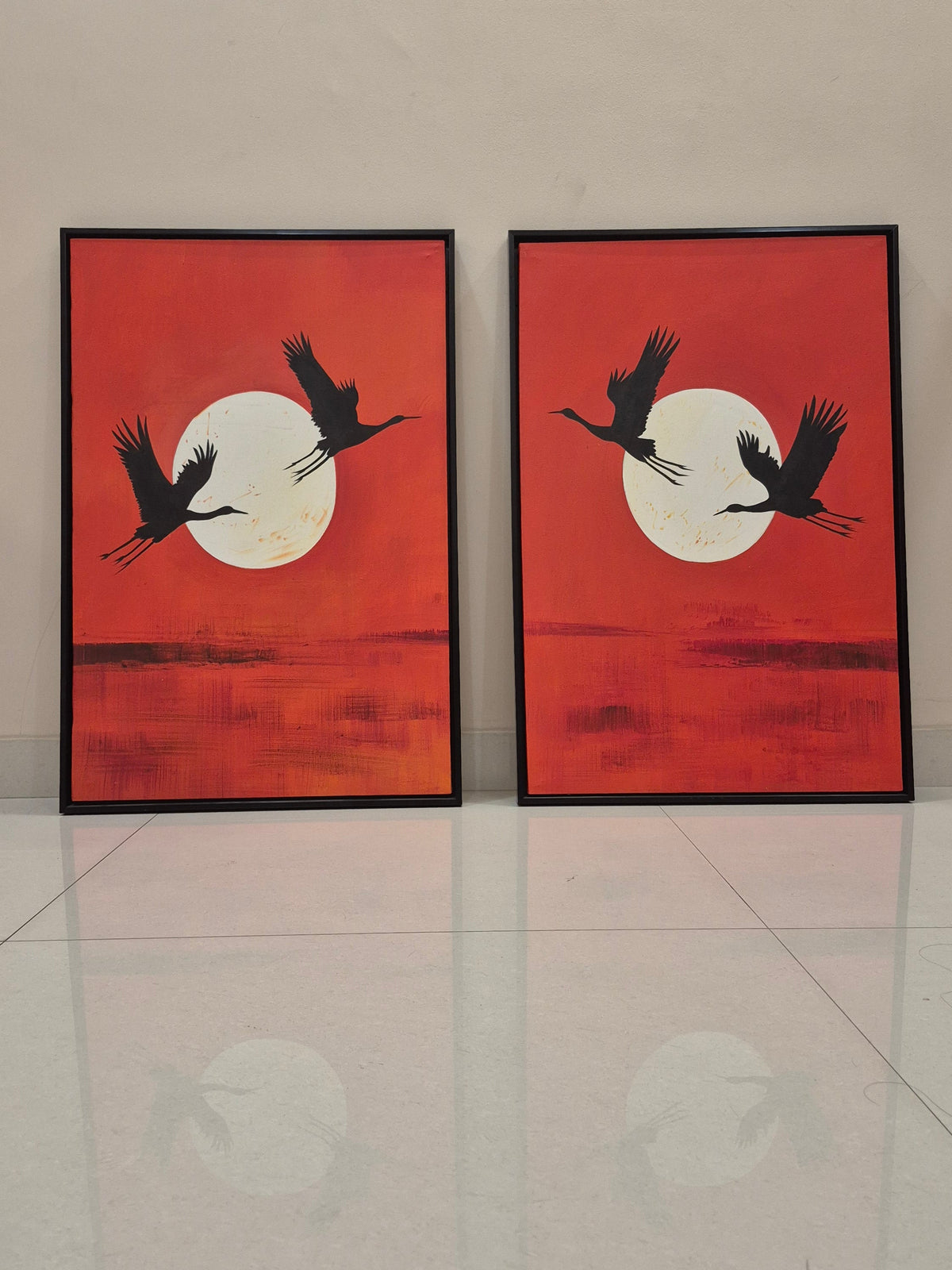 Crimson Cranes – Handmade Bird Painting Set of 2 The Palace of Hues