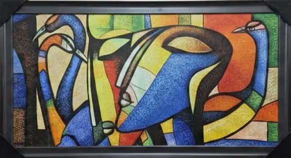 Abstract Bird Forms Painting, framed