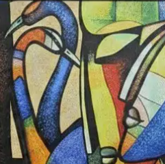 Abstract Bird Forms Painting, brushwork detail