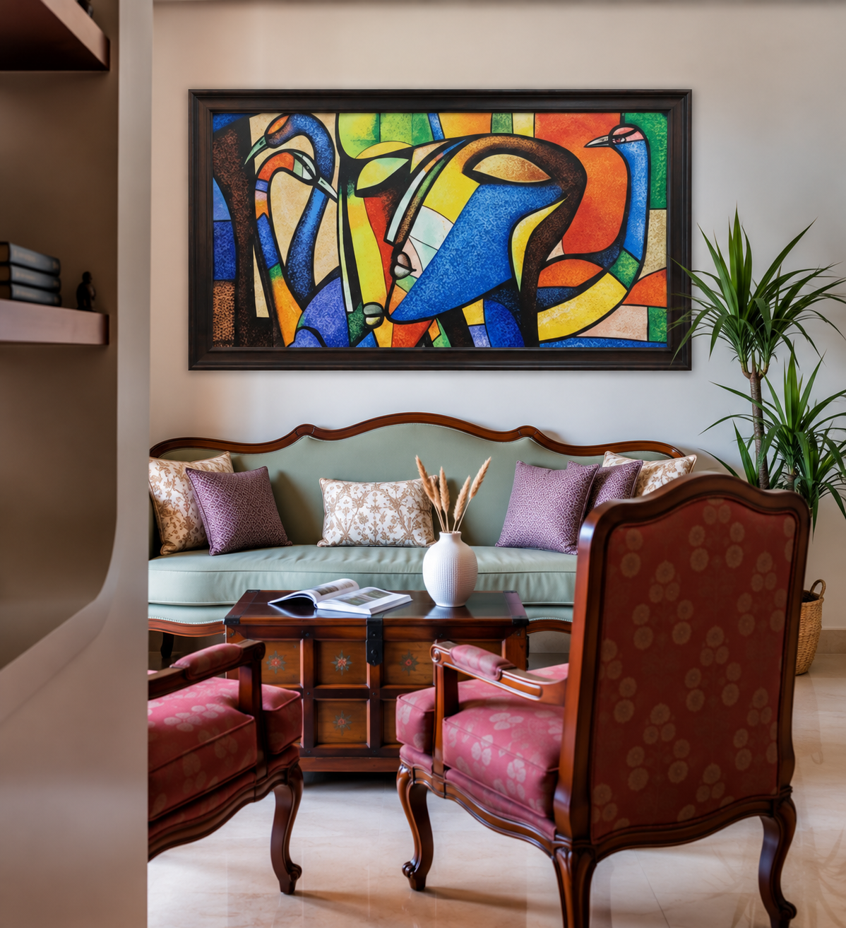 Abstract Bird Forms Painting shown in a room setting