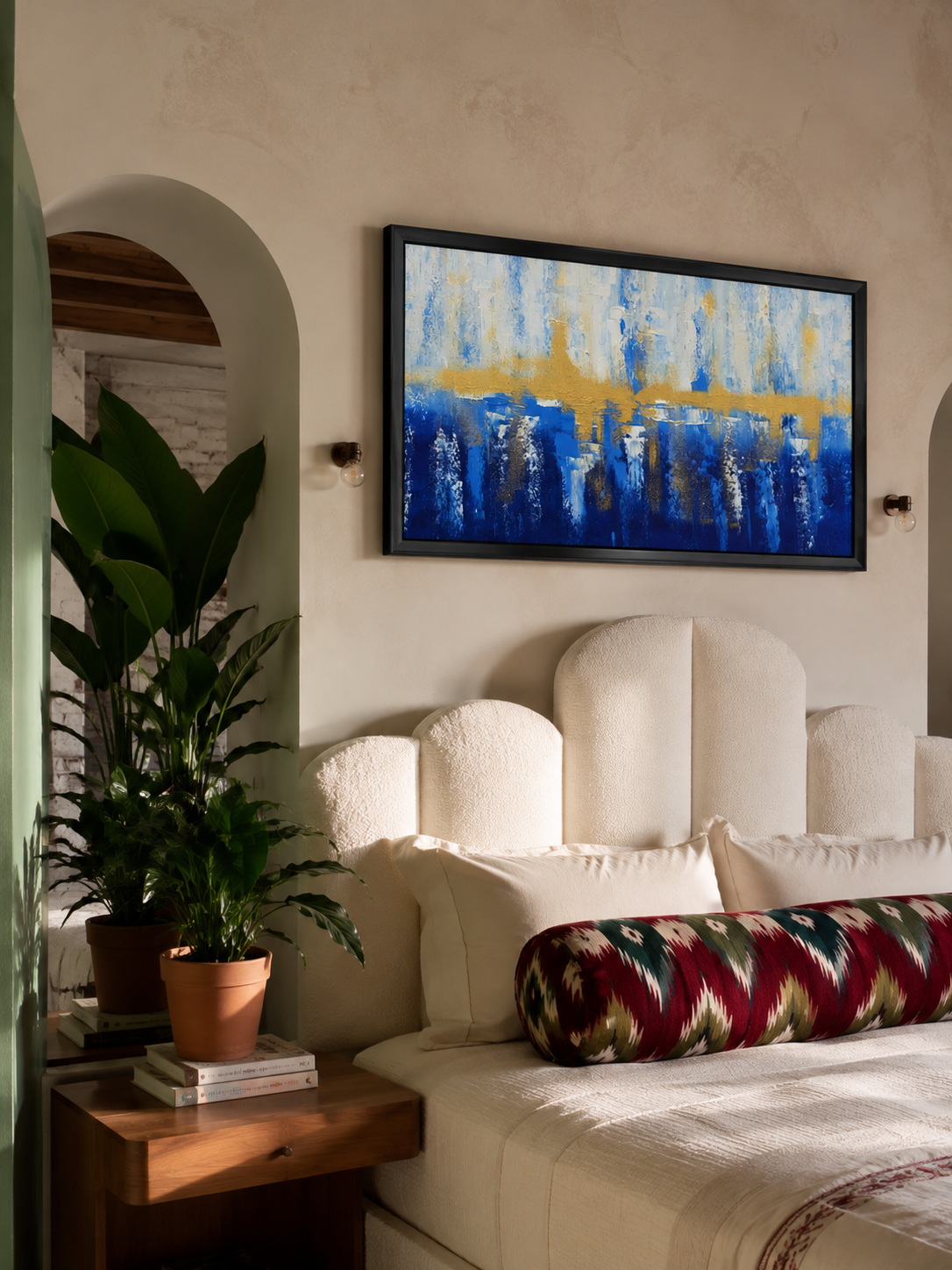 Abstract Coastal Horizon Painting shown in a room setting