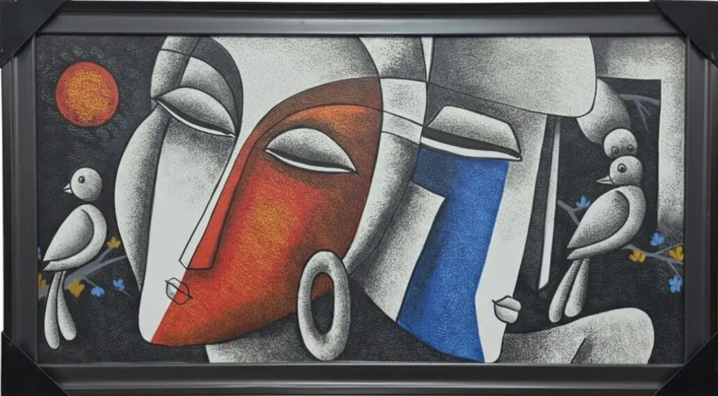 Abstract Faces with Birds, framed