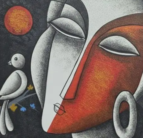 Abstract Faces with Birds, brushwork detail