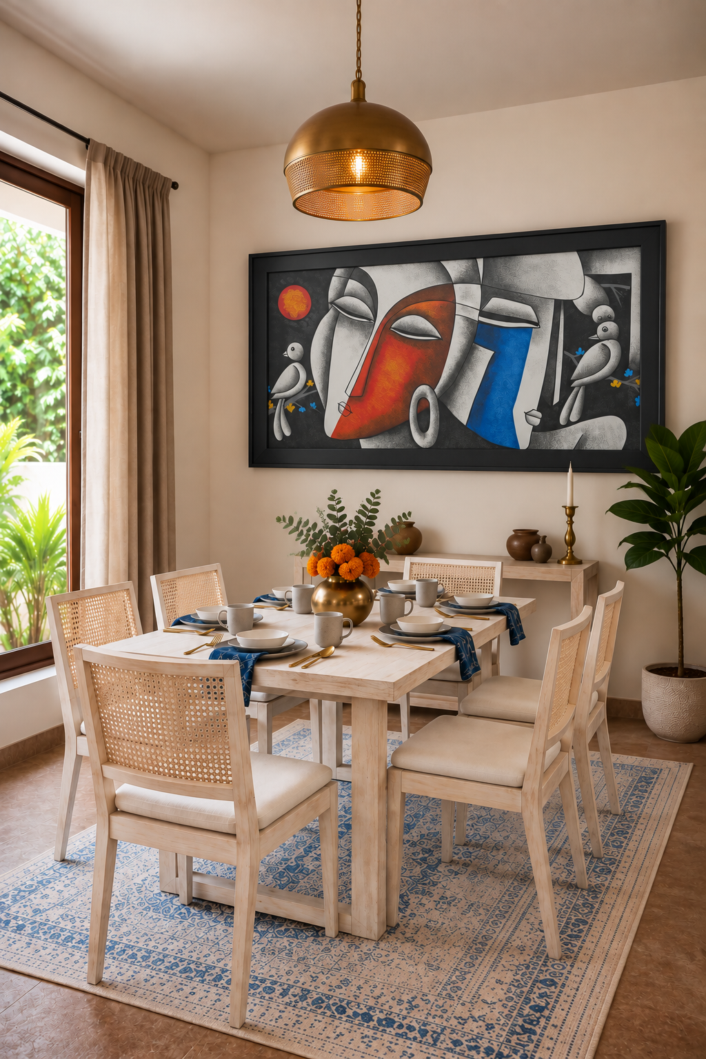 Abstract Faces with Birds shown in a room setting