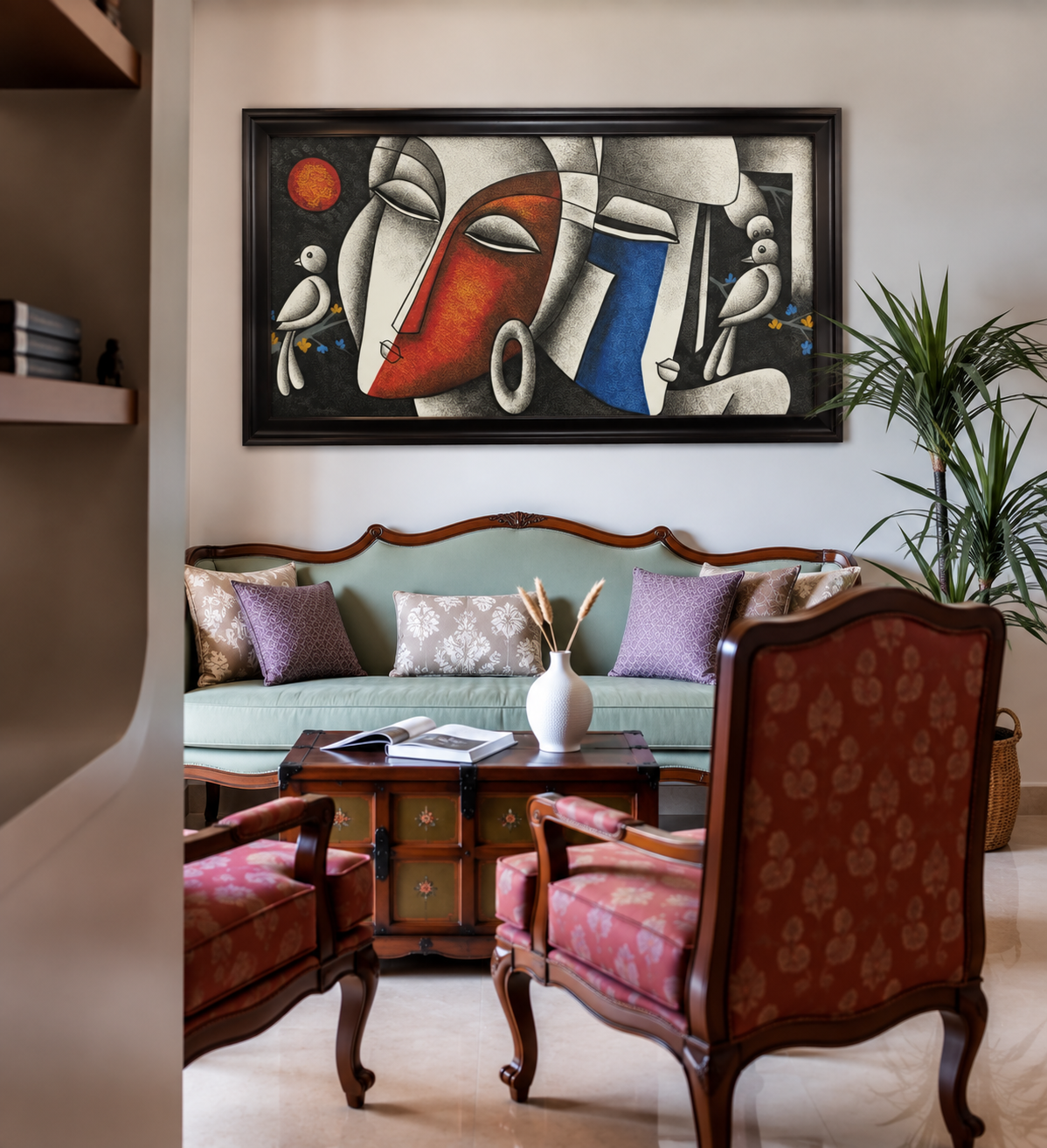 Abstract Faces with Birds shown in a room setting