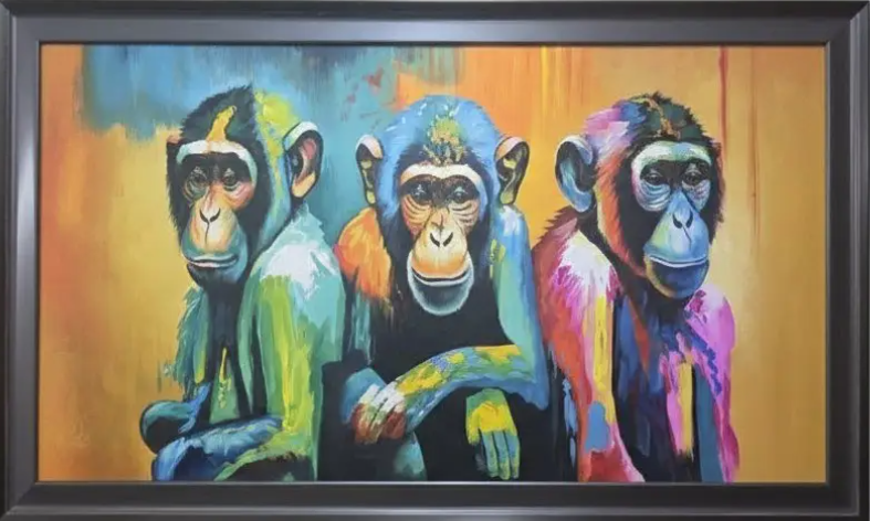 Colorful Monkey Trio Canvas, framed