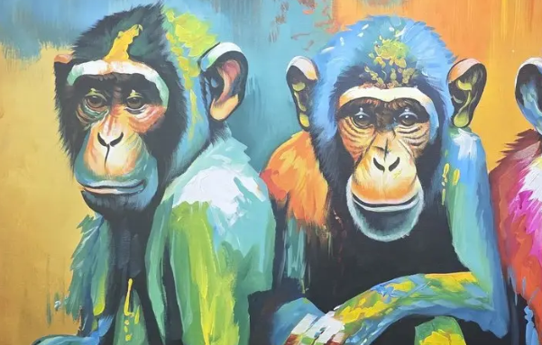 Colorful Monkey Trio Canvas, brushwork detail