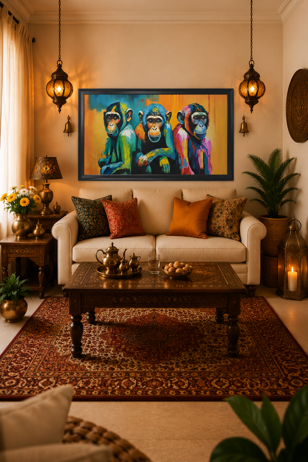 Colorful Monkey Trio Canvas shown in a room setting