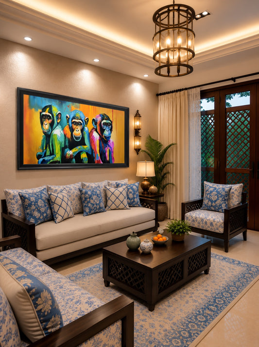 Colorful Monkey Trio Canvas shown in a room setting