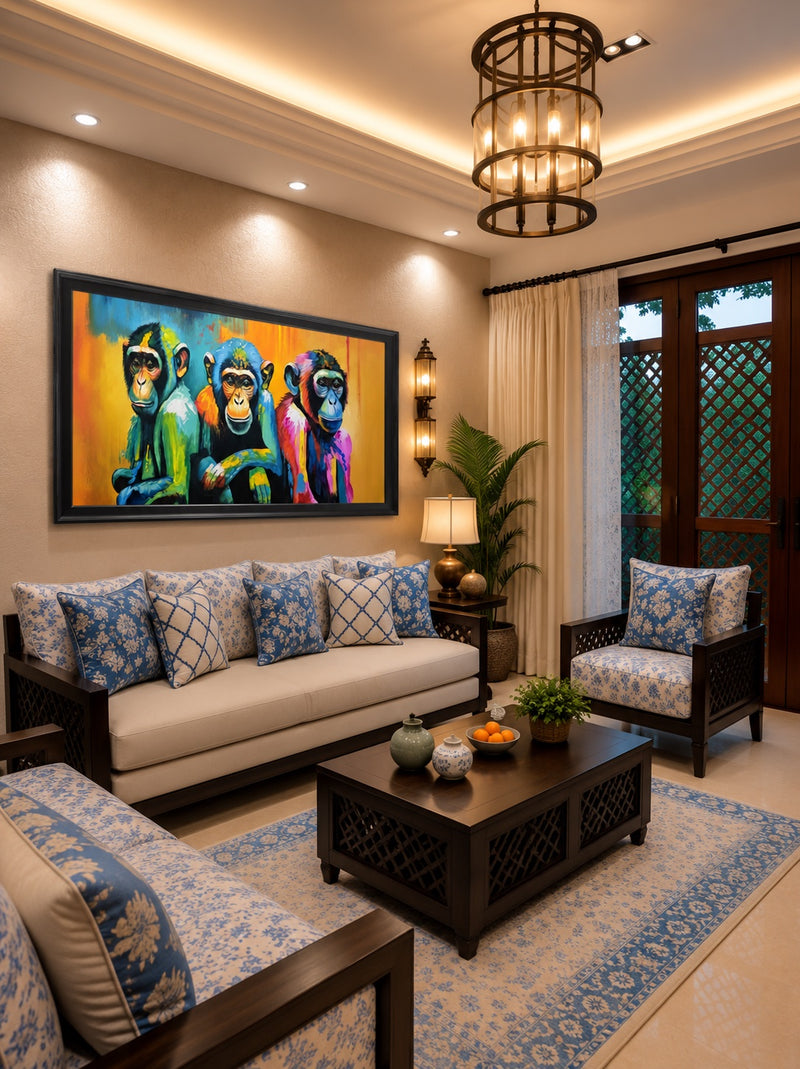 Colorful Monkey Trio Canvas shown in a room setting