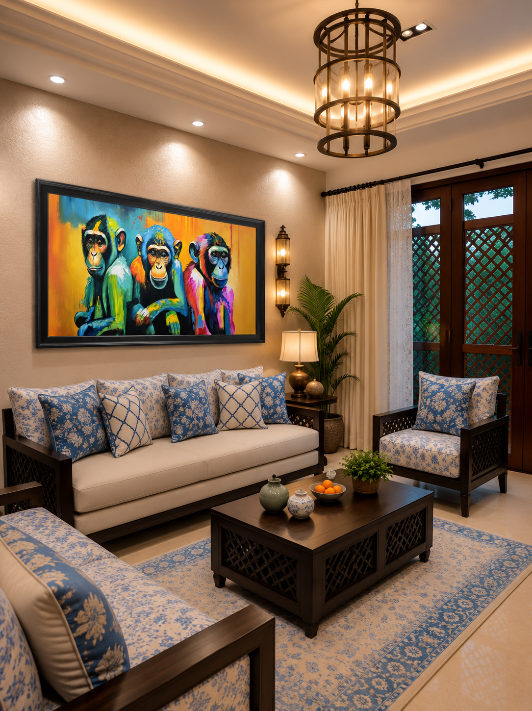 Colorful Monkey Trio Canvas shown in a room setting