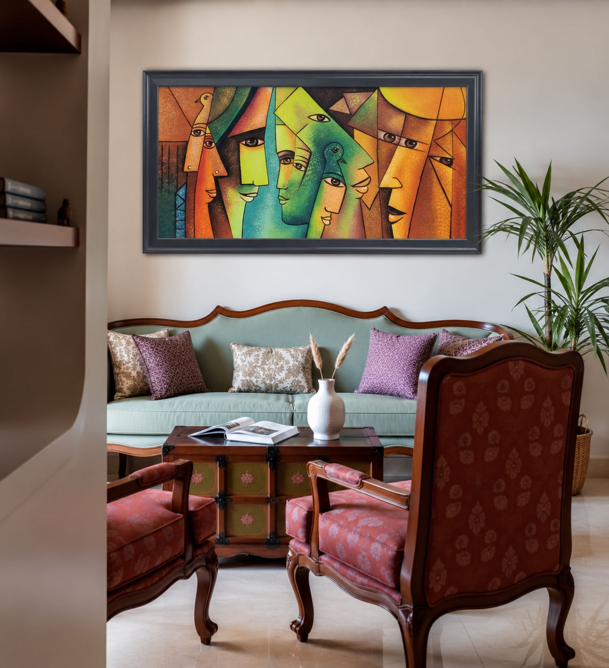 Cubist Faces Canvas Art shown in a room setting
