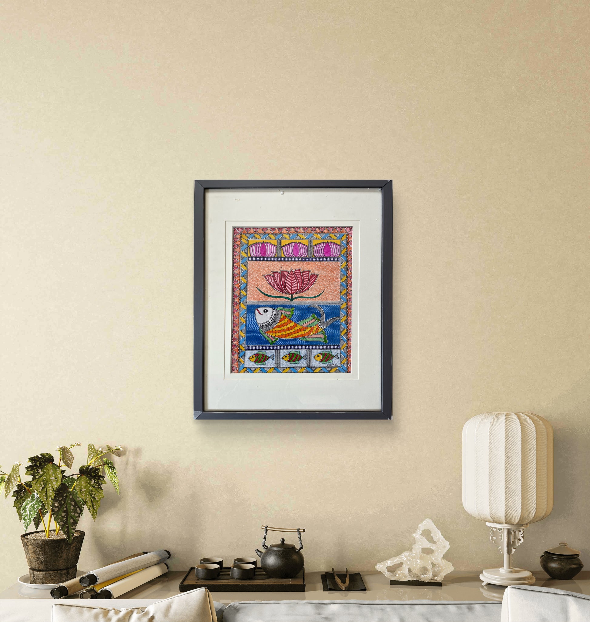 Madhubani - Lotus & Fish The Palace of Hues