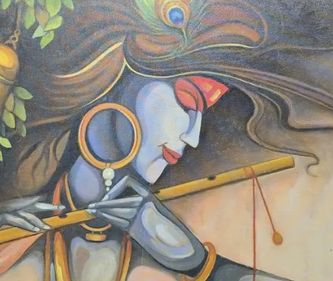 Divine Flute Player Art, brushwork detail