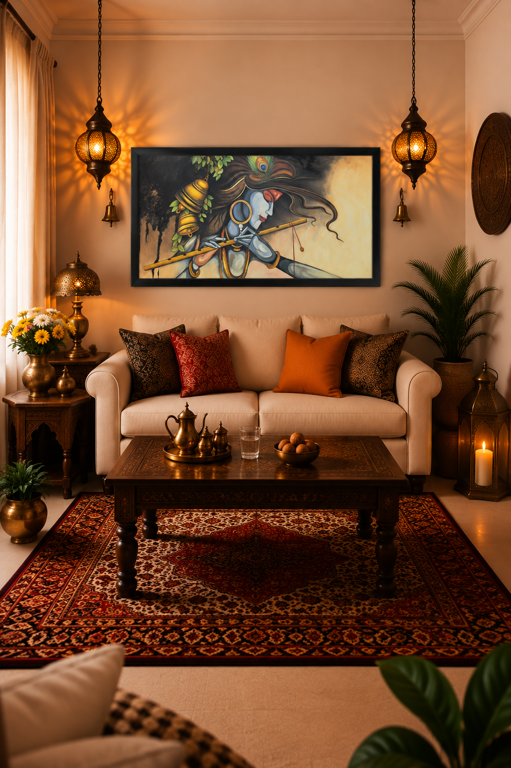 Divine Flute Player Art shown in a room setting