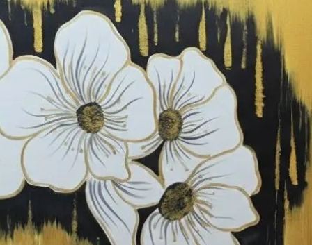 Floral Gold & Black Canvas, brushwork detail