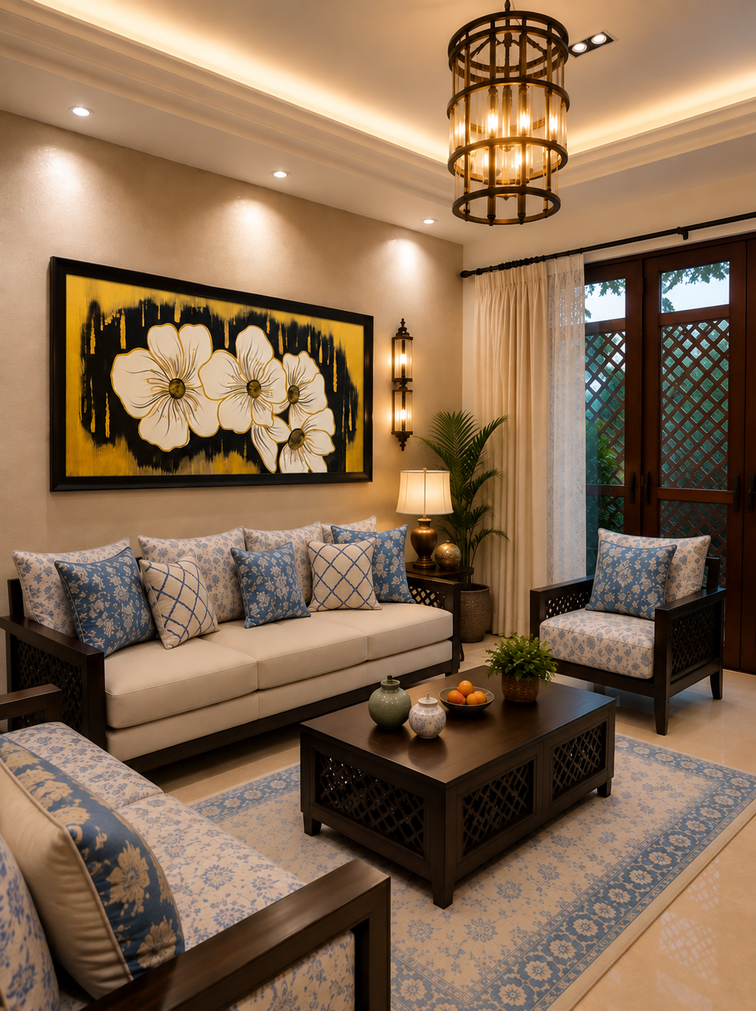 Floral Gold & Black Canvas shown in a room setting