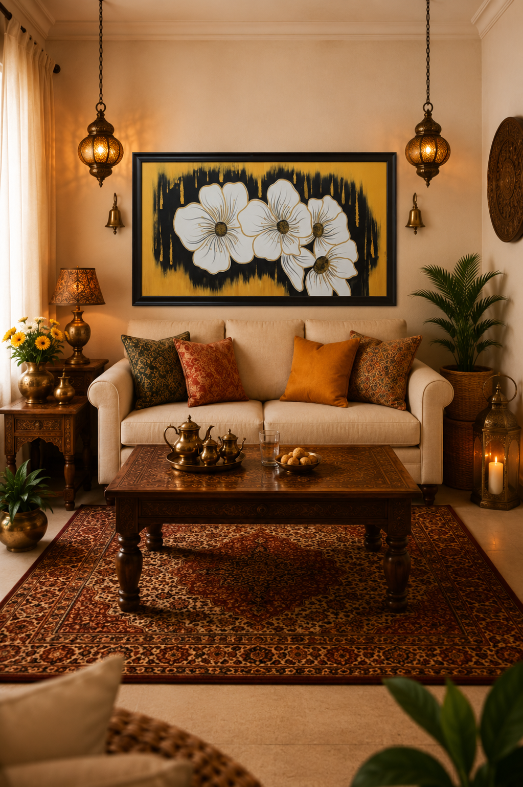 Floral Gold & Black Canvas shown in a room setting