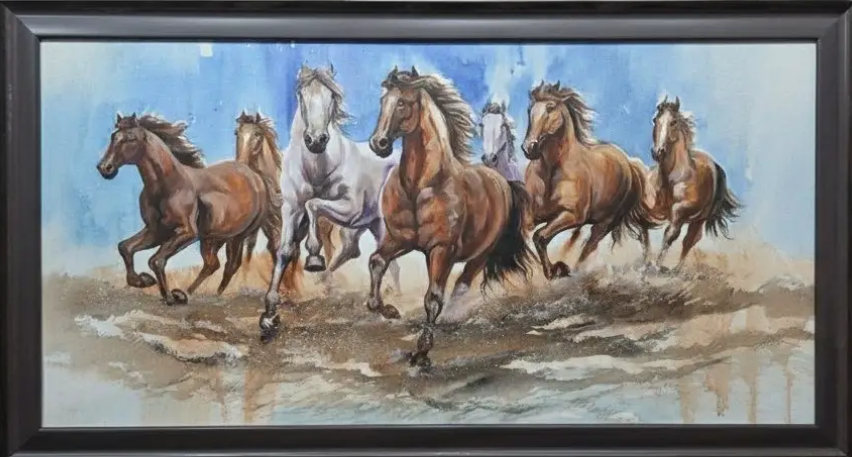 Galloping Horses Watercolor Painting, framed