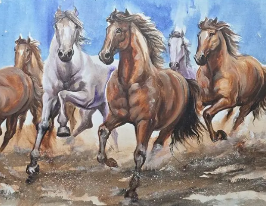 Galloping Horses Watercolor Painting, brushwork detail