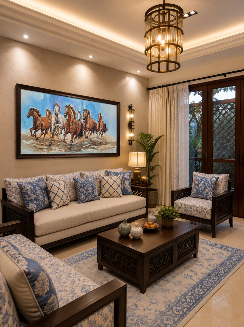 Galloping Horses Watercolor Painting shown in a room setting