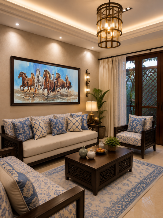 Galloping Horses Watercolor Painting shown in a room setting