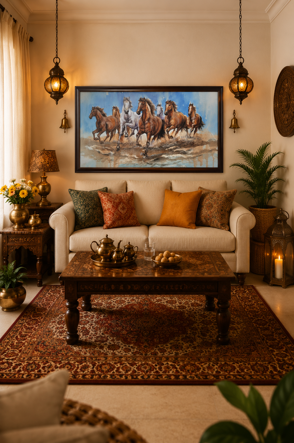 Galloping Horses Watercolor Painting shown in a room setting