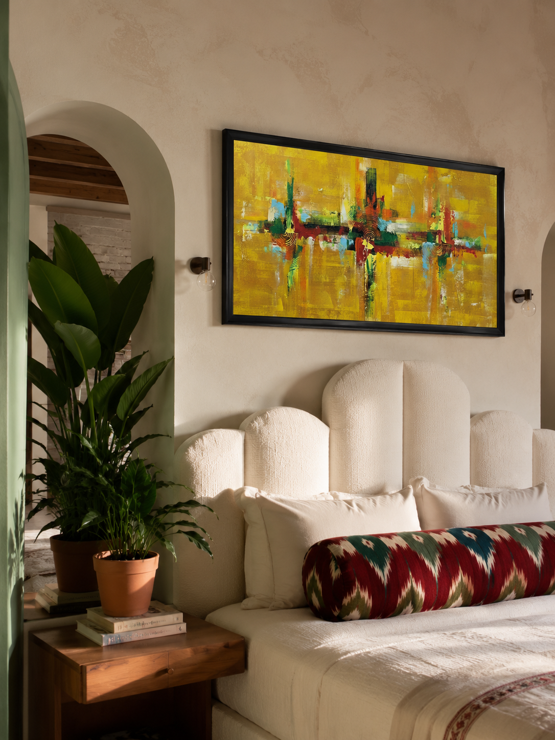 Golden Abstract Cross Canvas shown in a room setting
