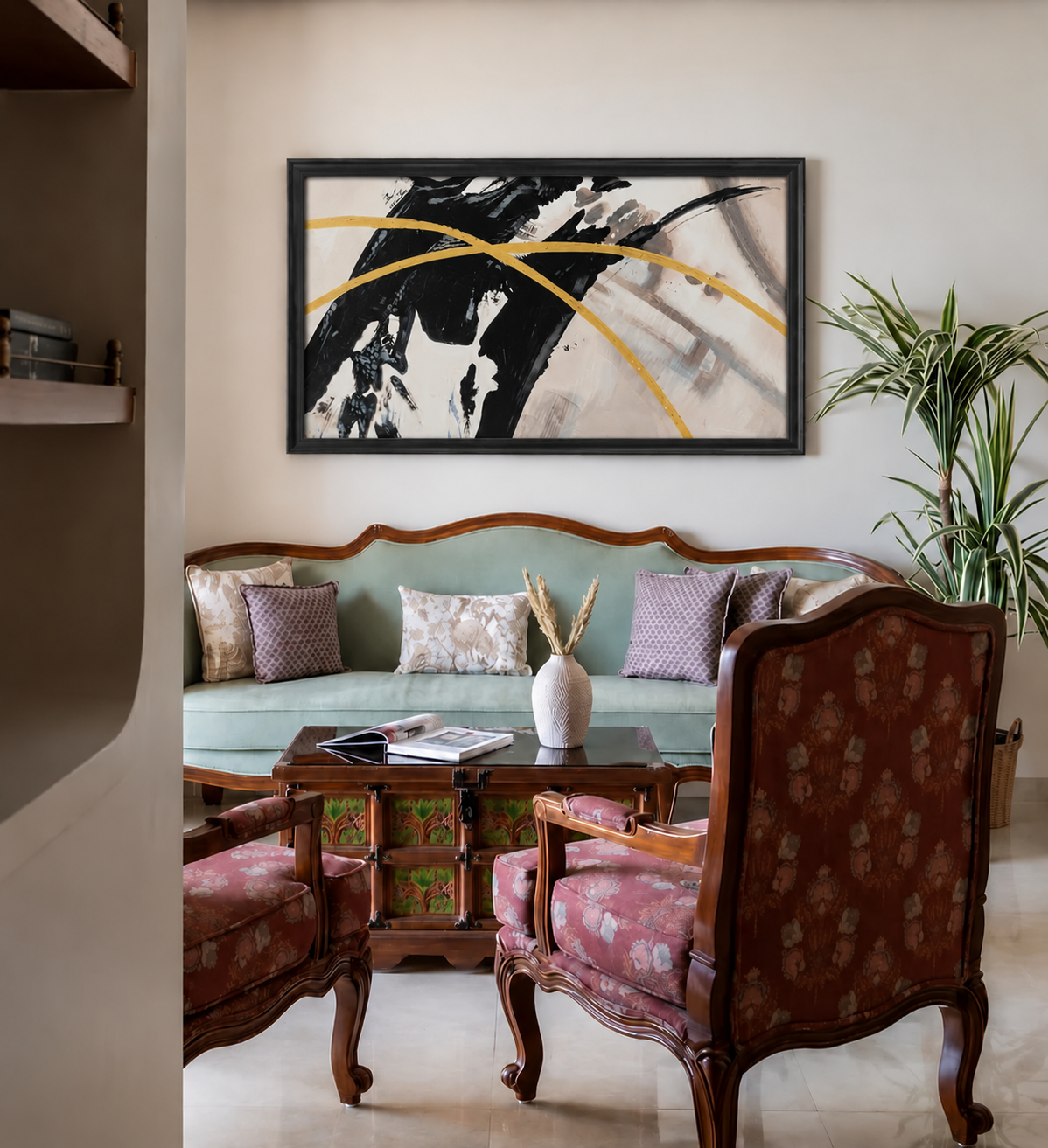 Golden Arch Abstract Canvas shown in a room setting