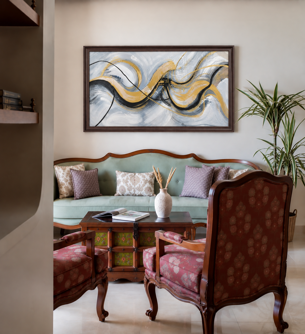 Golden Flow Abstract Canvas shown in a room setting