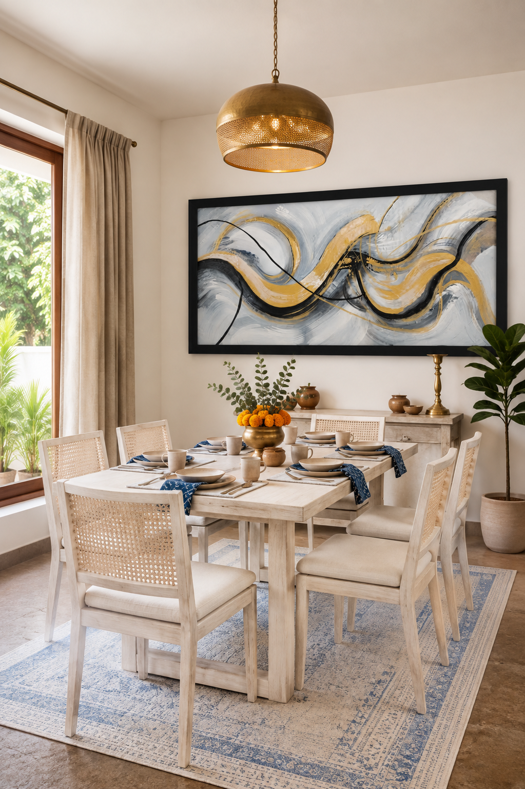 Golden Flow Abstract Canvas shown in a room setting
