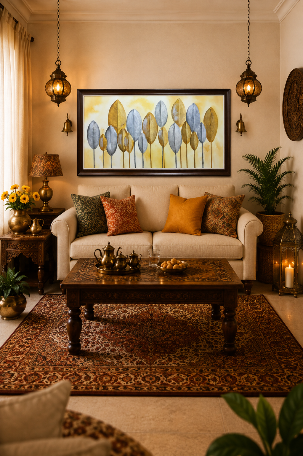 Golden Leaf Abstract Canvas shown in a room setting