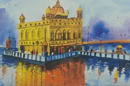 Golden Temple Watercolor Art, brushwork detail