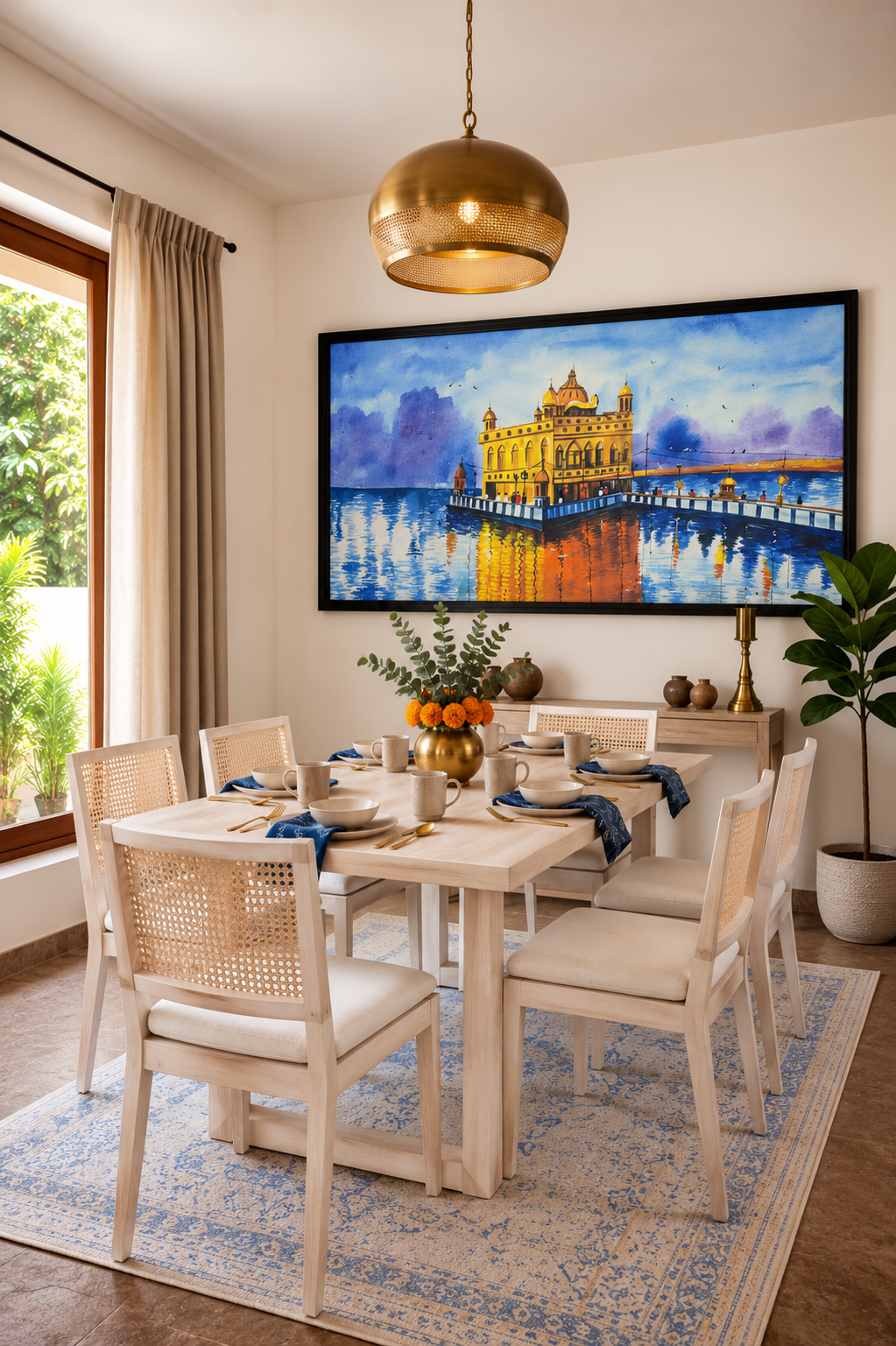 Golden Temple Watercolor Art shown in a room setting