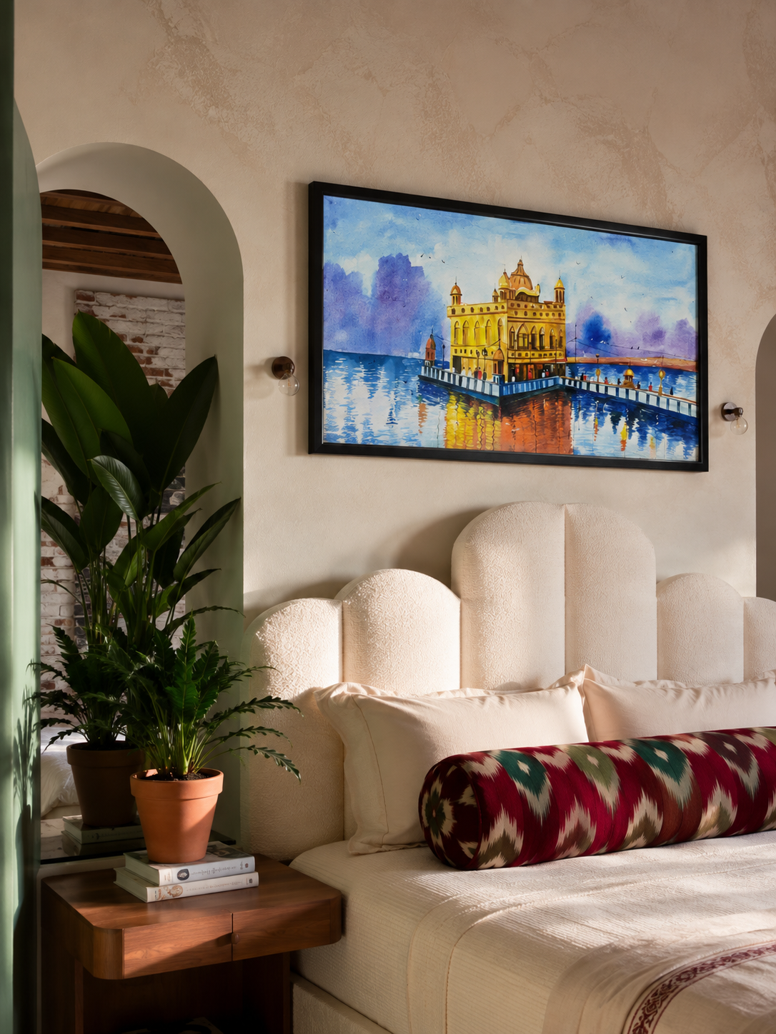 Golden Temple Watercolor Art shown in a room setting