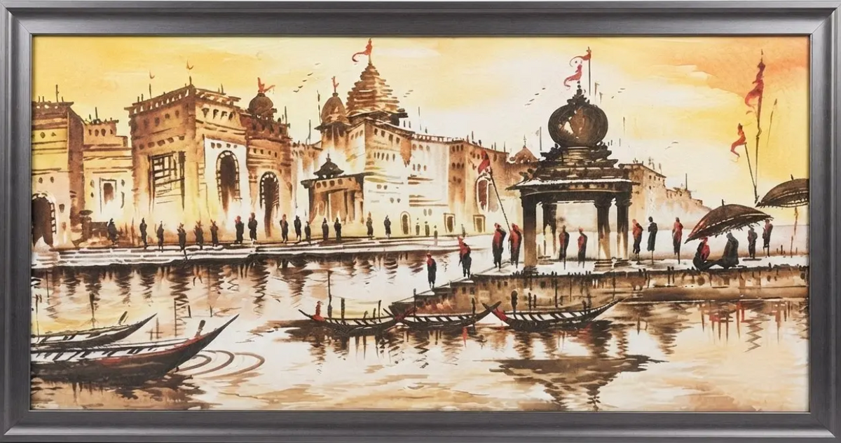 Golden Varanasi Ghat Landscape, framed
