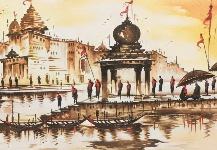 Golden Varanasi Ghat Landscape, brushwork detail
