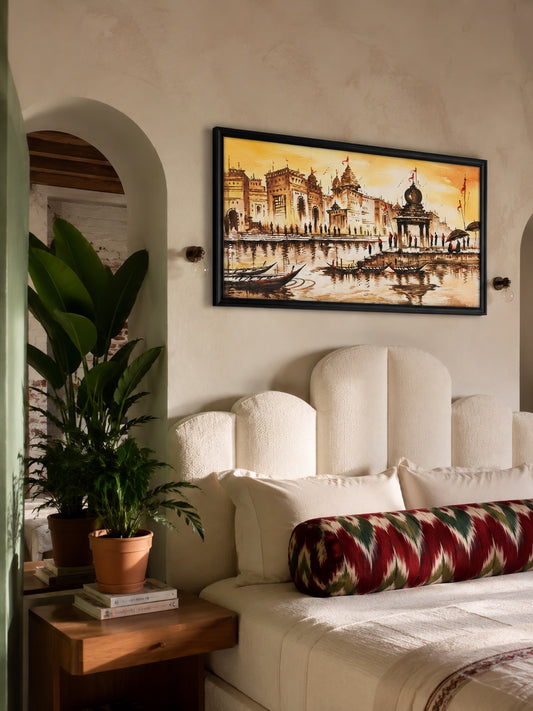 Golden Varanasi Ghat Landscape shown in a room setting