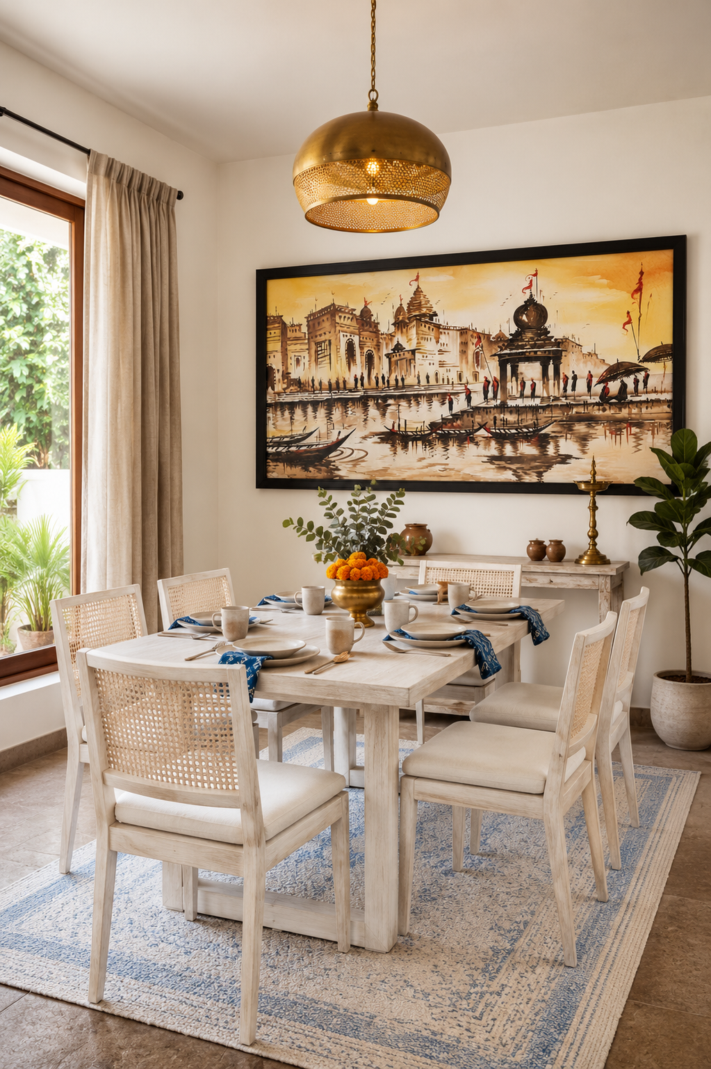 Golden Varanasi Ghat Landscape shown in a room setting