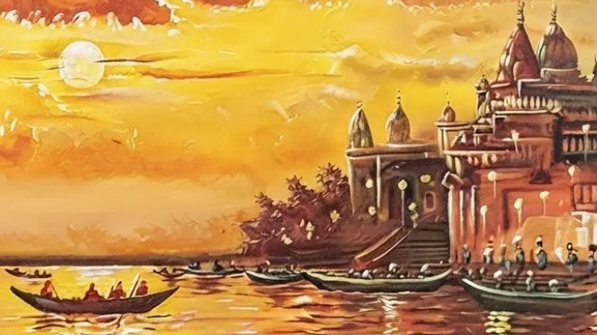 Golden Varanasi River Sunset, brushwork detail