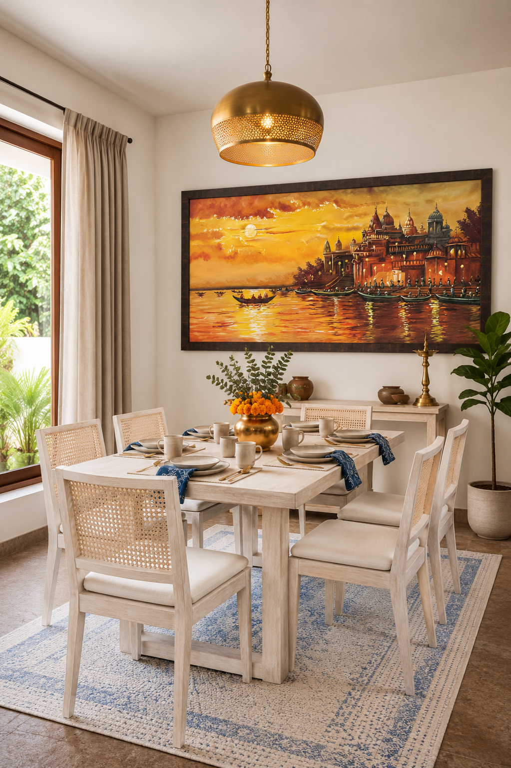 Golden Varanasi River Sunset shown in a room setting