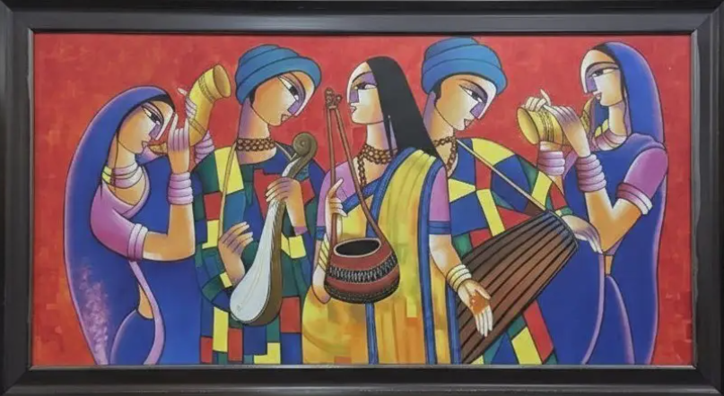 Indian Folk Musicians Canvas, framed