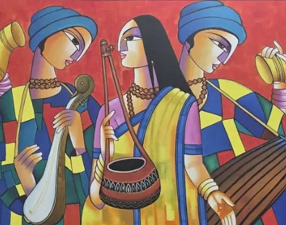 Indian Folk Musicians Canvas, brushwork detail