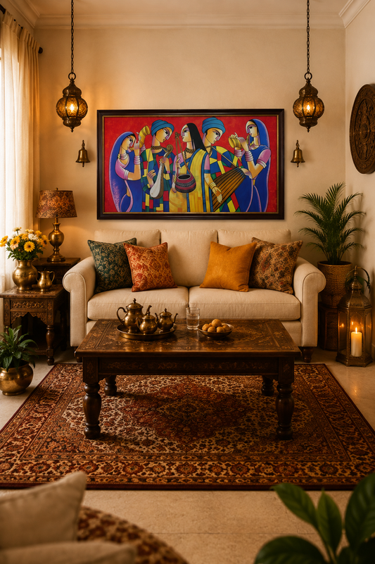 Indian Folk Musicians Canvas shown in a room setting