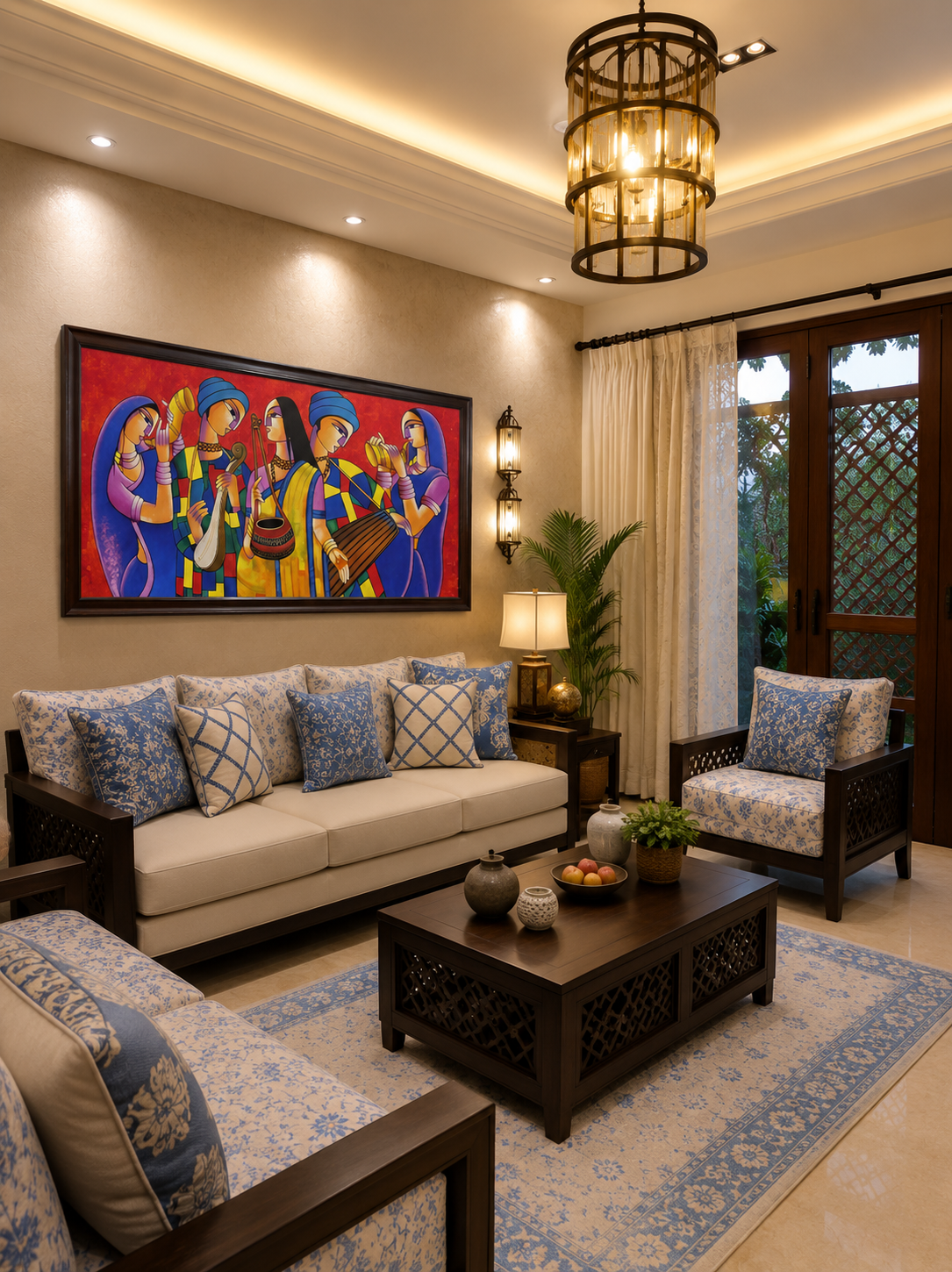Indian Folk Musicians Canvas shown in a room setting