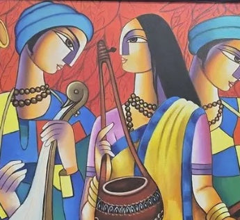 Indian Musicians Wall Art, brushwork detail
