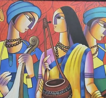 Indian Musicians Wall Art, brushwork detail