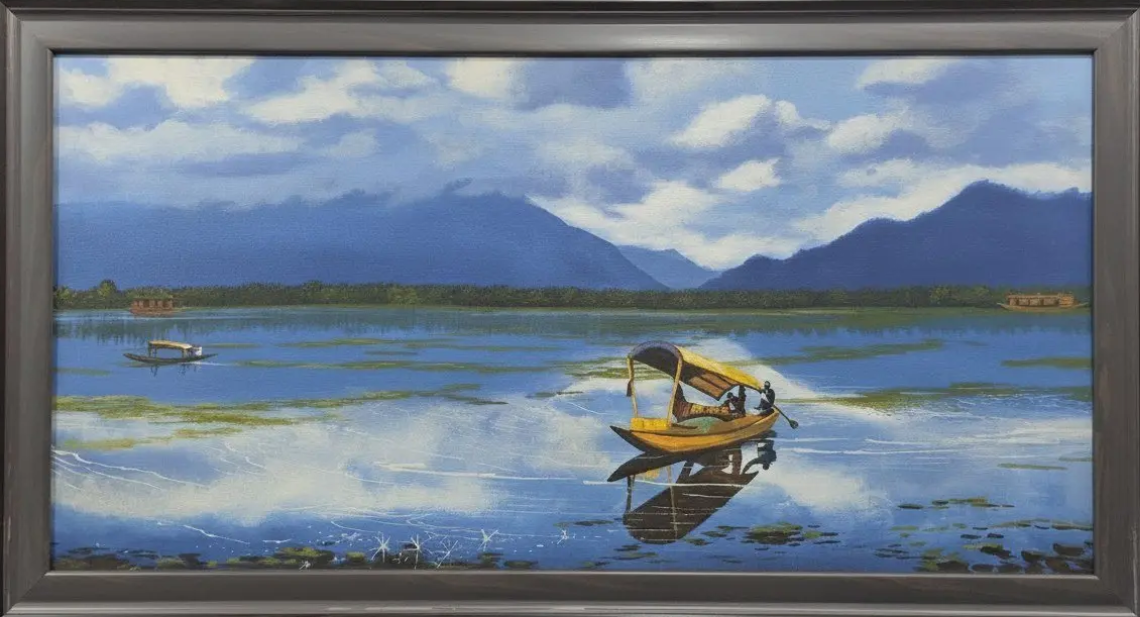 Kashmir Lake Scene Painting, framed