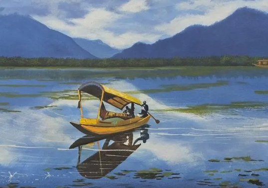 Kashmir Lake Scene Painting, brushwork detail