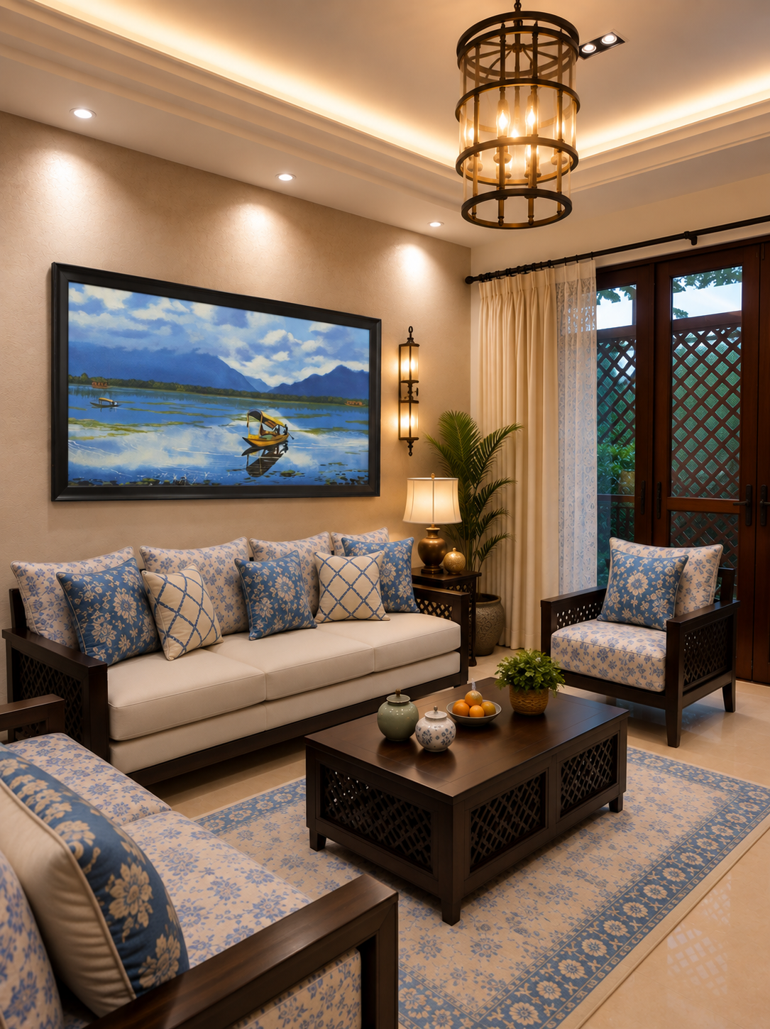 Kashmir Lake Scene Painting shown in a room setting